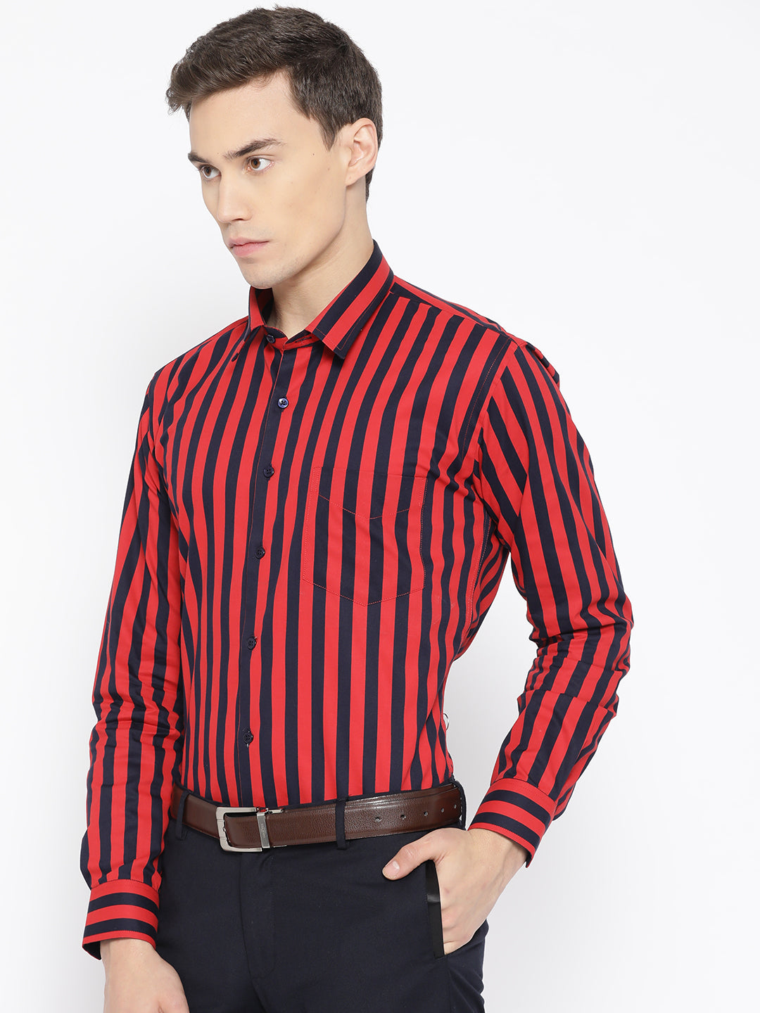 Men Navy & Red Pure Cotton Striped Slim Fit Formal Shirt