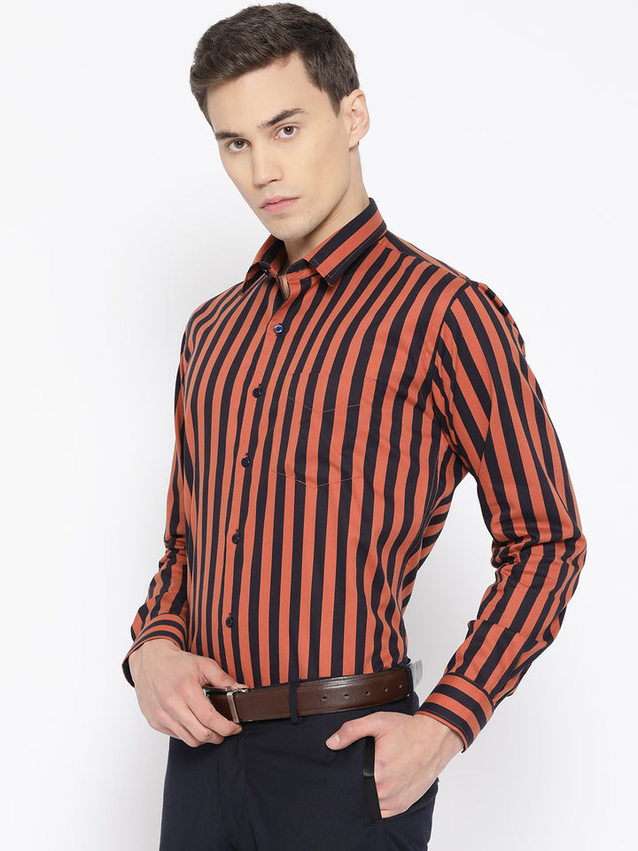 Men Navy & Rust Pure Cotton Striped Slim Fit Formal Shirt