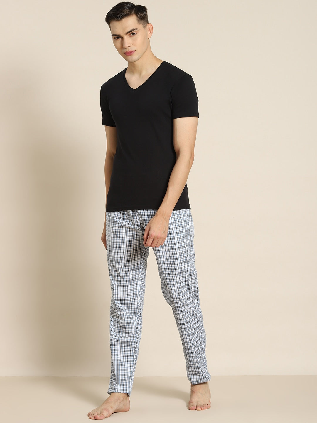 Men White-Blue Checks Pure Cotton Relaxed Fit Casual Lounge Pant