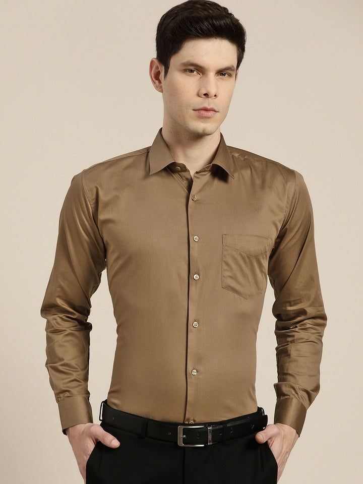 Men Brown Solid Pure Cotton Satin Slim Fit Formal Shirtt