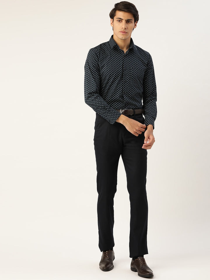 Men Navy Blue Prints Pure Cotton Slim Fit Formal Shirt