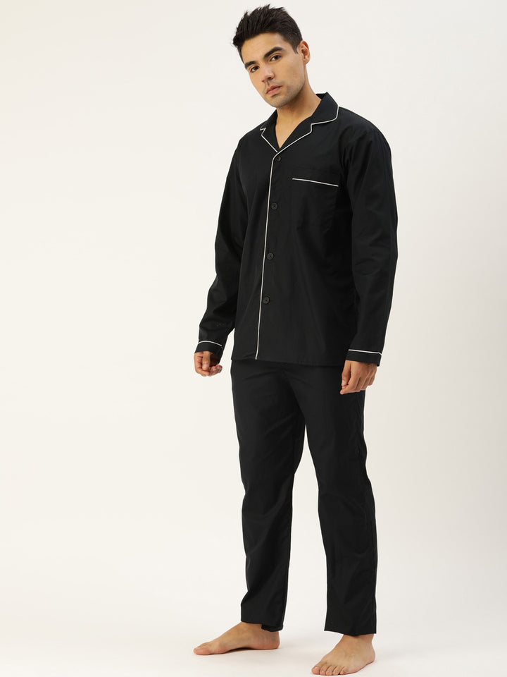 Men Black Solids Pure Cotton Regular Fit Night Wear Night Suit