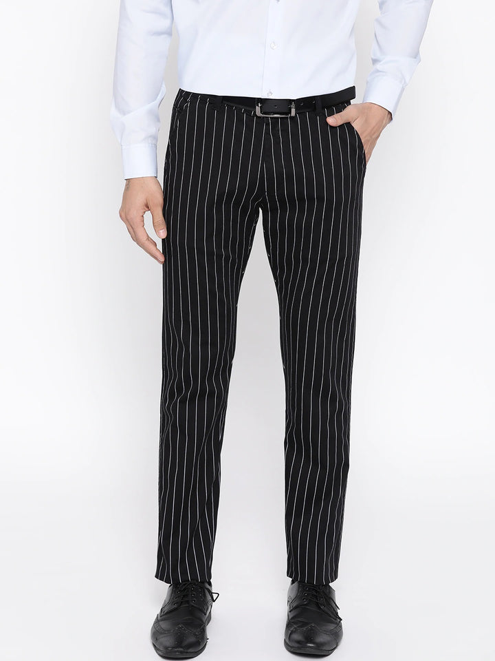 Men Black Striped Cotton Stretch Slim Fit Formal Trouser