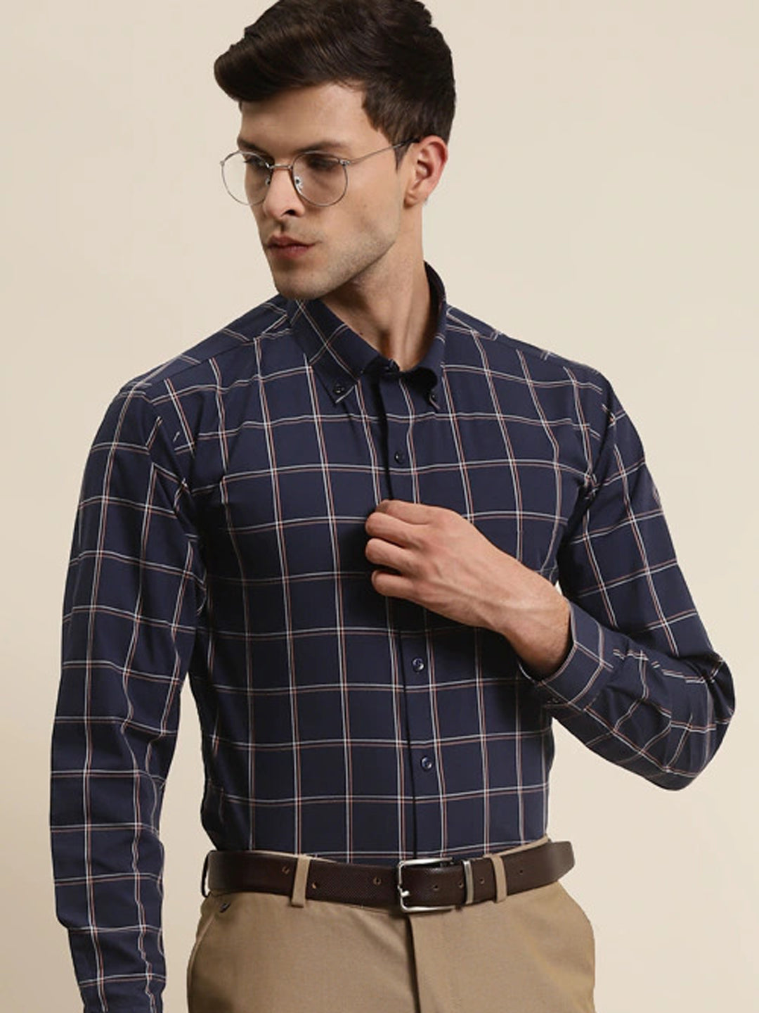 Men Navy Checks Button Down Collar Pure Cotton Slim Fit Formal Shirt