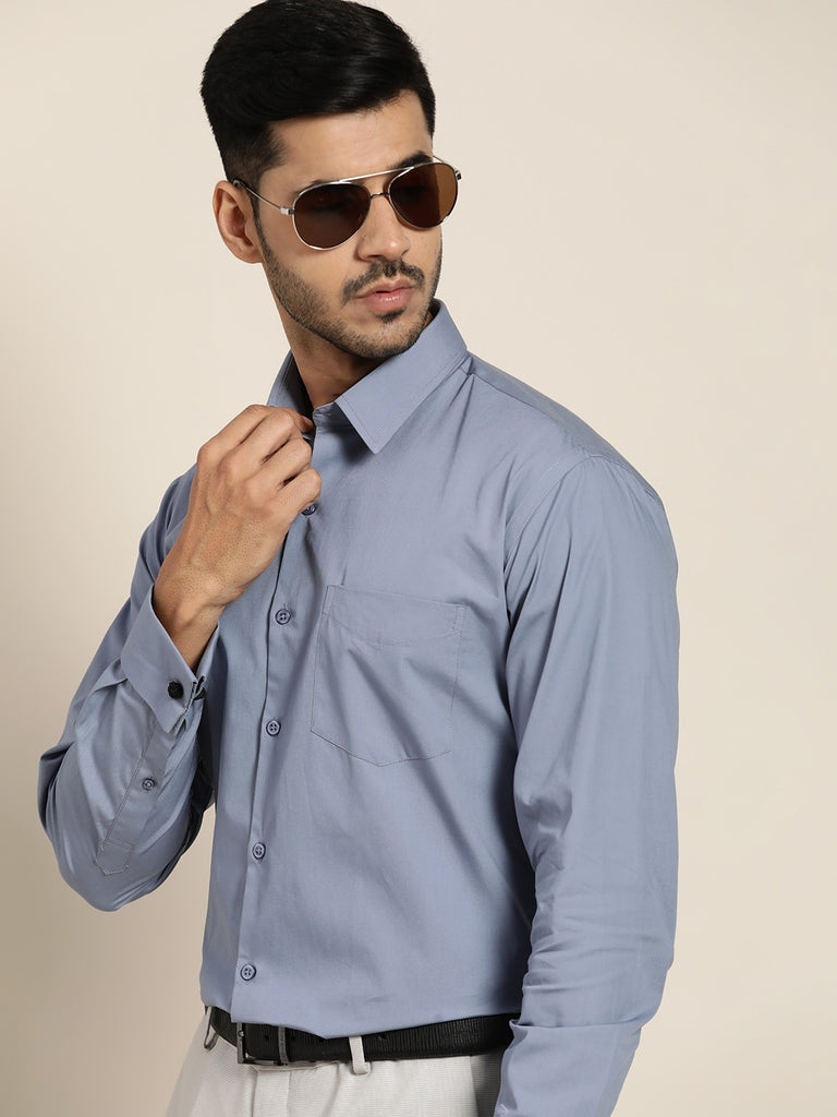 Men Blue Solid Slim Fit French Cuff Pure Cotton Formal Shirt