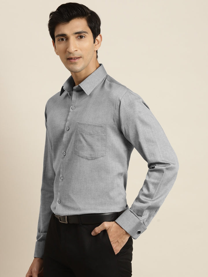 Men Grey Self Design Premium Pure Cotton French Cuff Slim Fit Formal Shirt