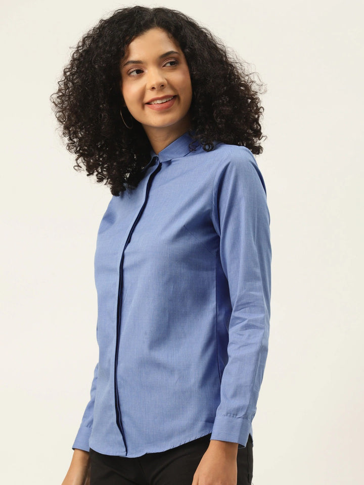 Women Blue Solids Pure Cotton Slim Fit Formal Shirt