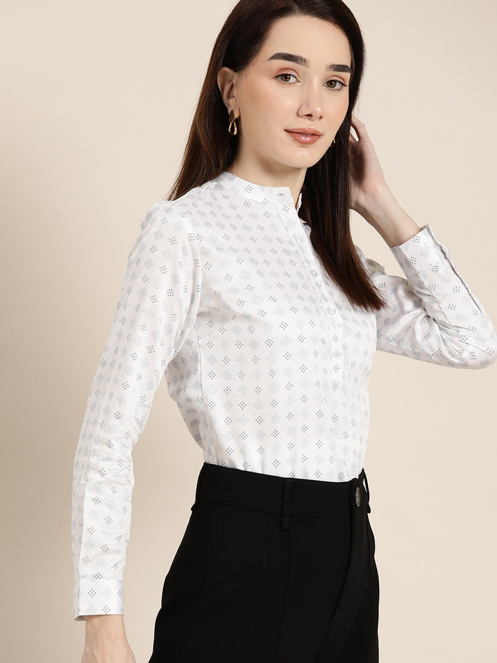 Women White & Blue Printed Pure Cotton Slim Fit Formal Top