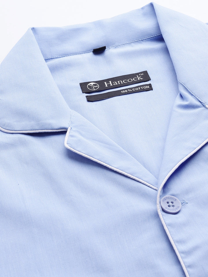 Men Blue Solids Pure Cotton Regular Fit Night Wear Night Suit