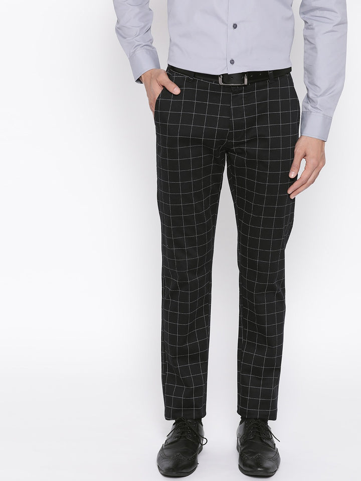 Men Black Checked Cotton Stretch Slim Fit Formal Trouser
