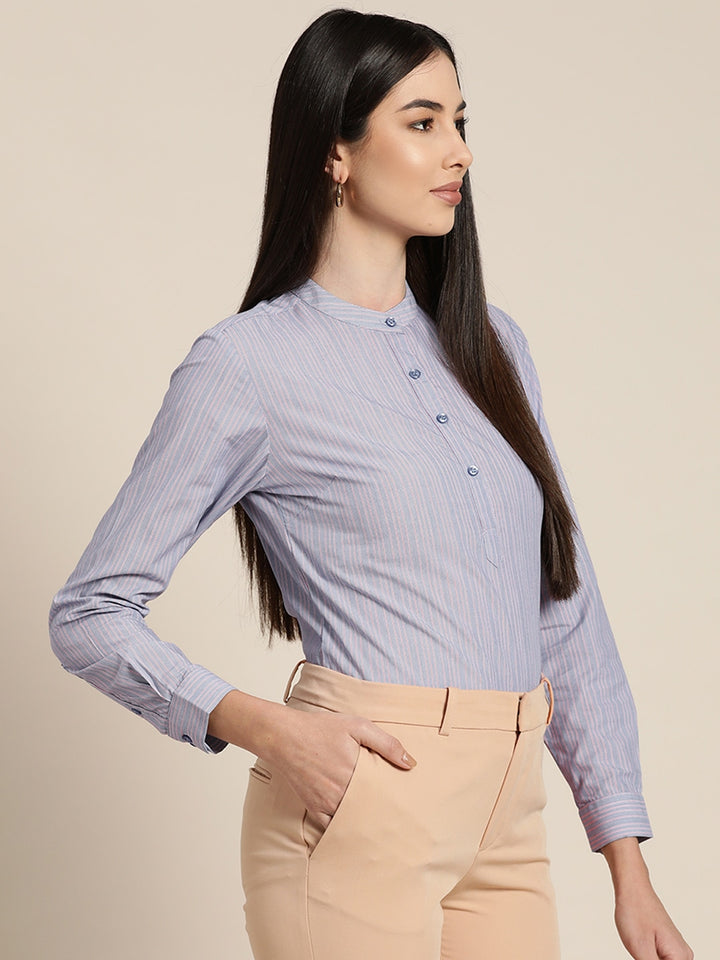 Women Sky Blue Striped Pure Cotton Slim Fit Formal Top