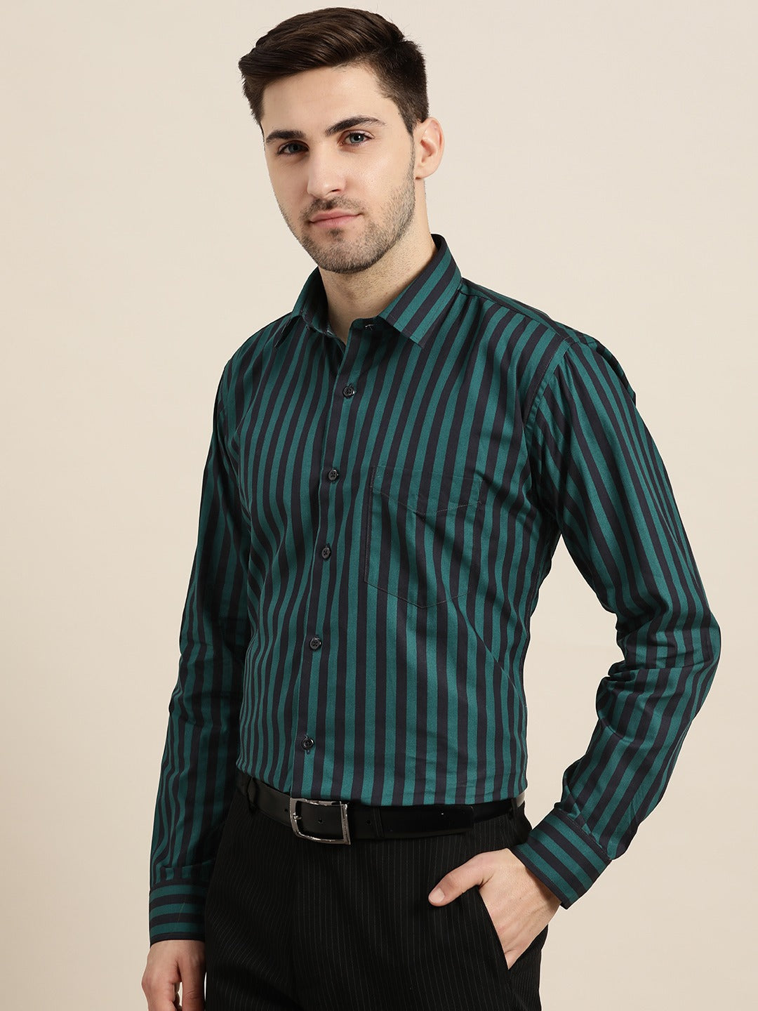 Men Green & Black Stripes Pure Cotton Slim Fit Formal Shirt
