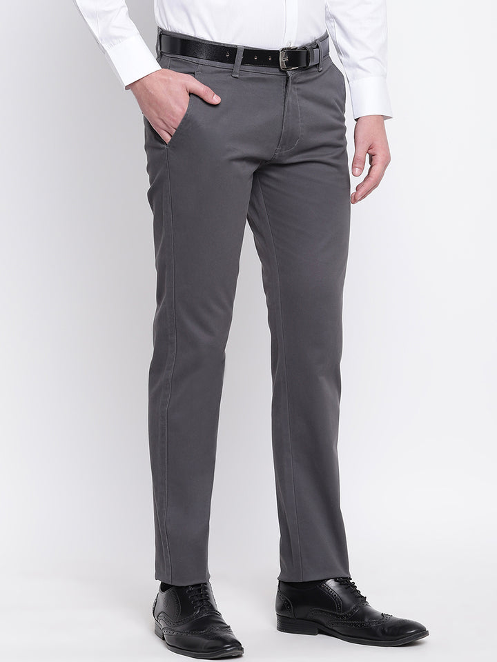Men Grey Cotton Solid Slim Fit Casual Trouser