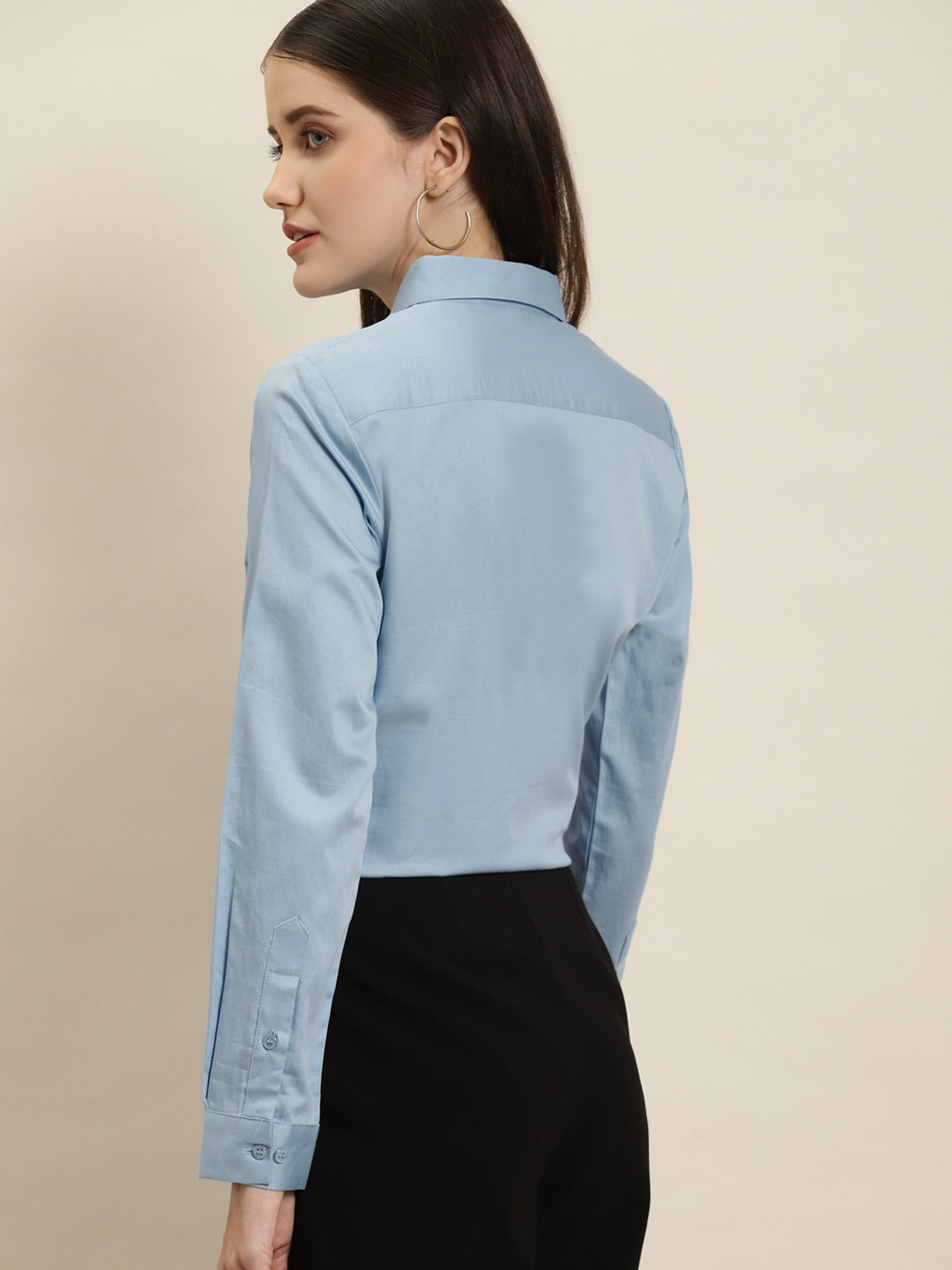 Women Blue Solid Pure Cotton Satin Slim Fit Formal Shirt