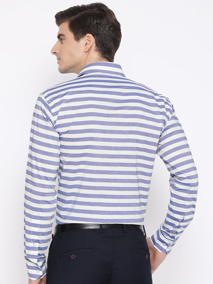 Men Blue & White Pure Cotton Striped Slim Fit Formal Shirt