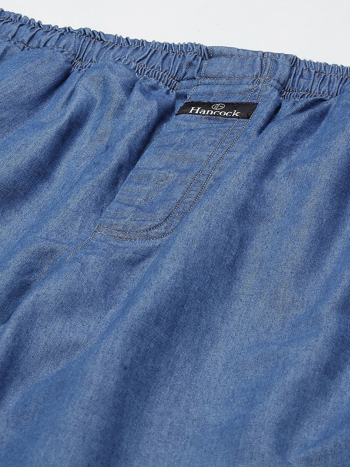Men Blue Solid Denim Pure Cotton Relaxed Fit Casual Lounge Pant