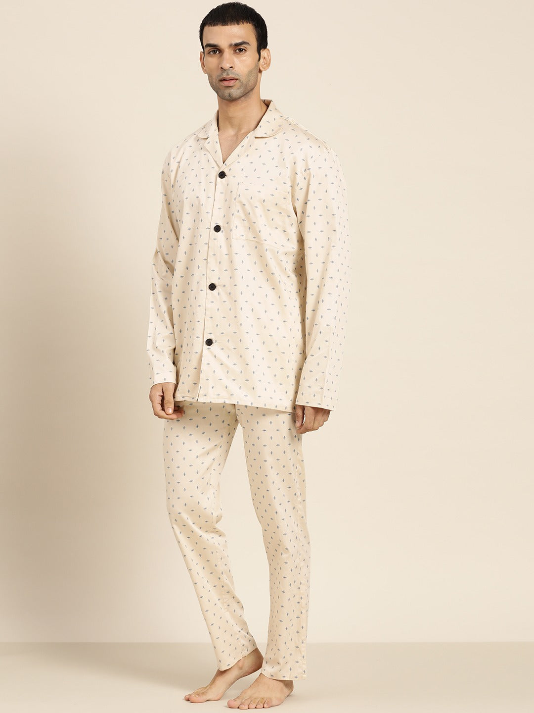 Men Cream Prints Pure Cotton Regular Fit Night Wear Night Suit