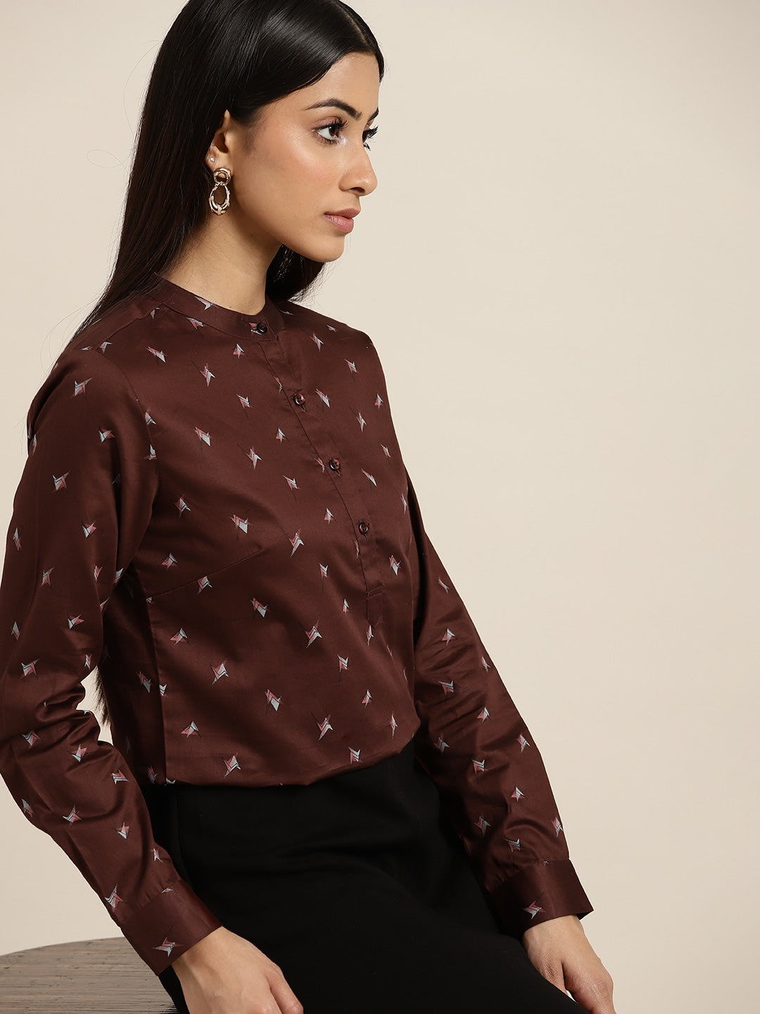 Women Maroon Printed Pure Cotton Slim Fit Formal Top