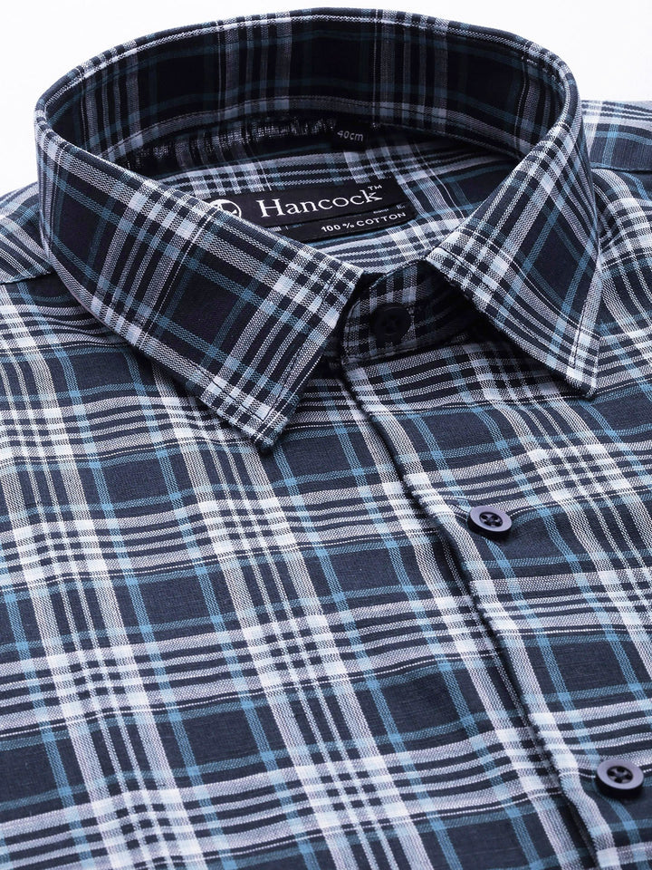 Men Navy Checks Pure Linen Slim Fit Formal Shirt