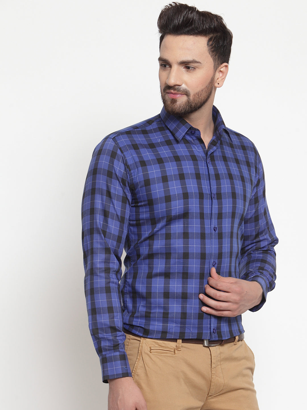 Men Navy Pure Cotton Checked Slim Fit Formal Shirt