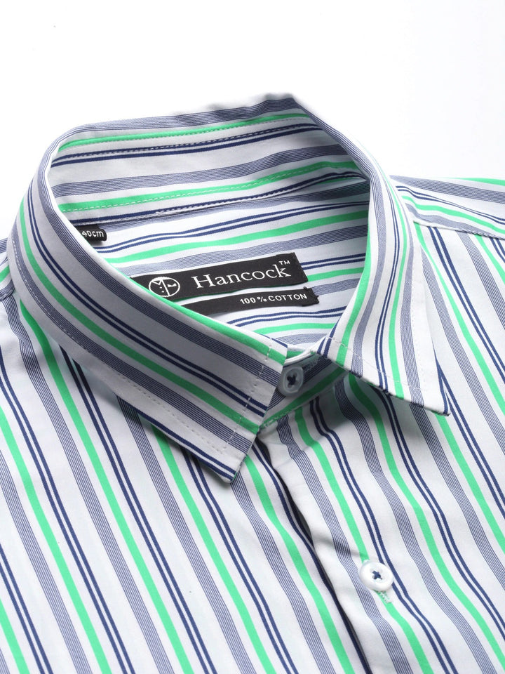 Men White & Blue Stripes Pure Cotton Slim Fit Formal Shirt
