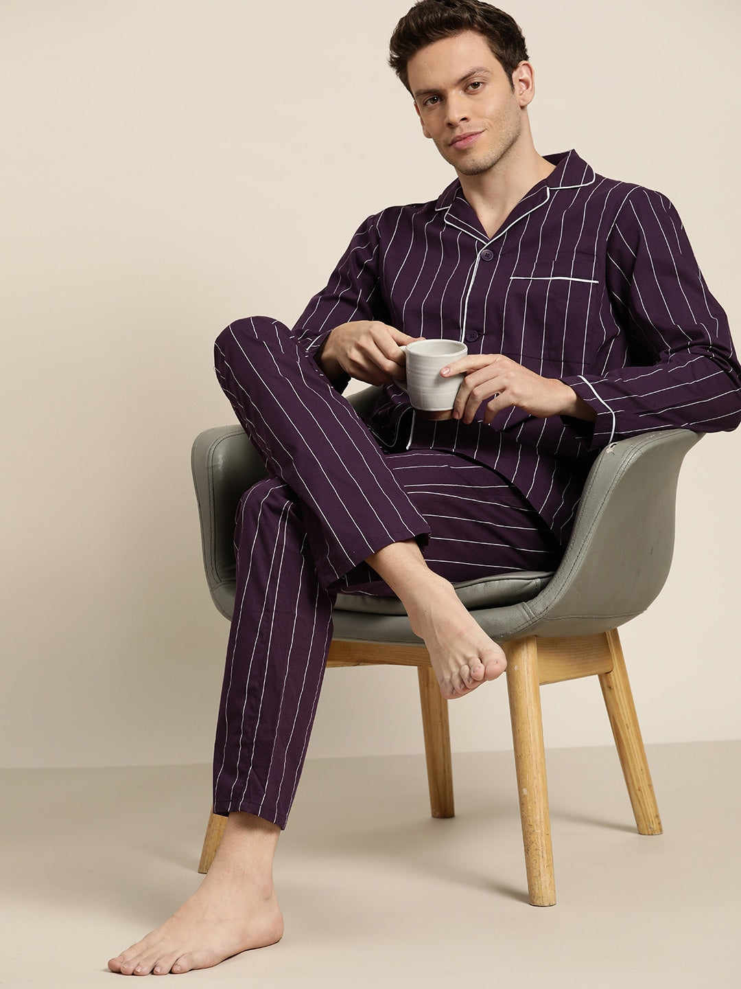 Men Wine Stripes Pure Cotton Regular Fit Night Wear Night Suit