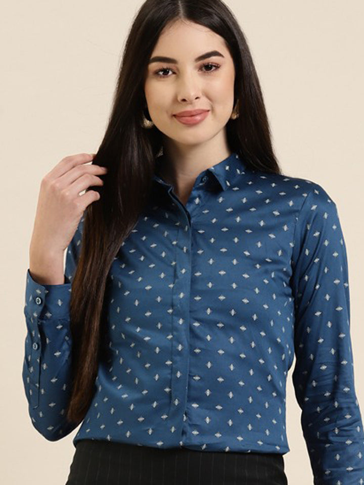 Women Blue Printed Cotton Slim Fit Formal Shirt
