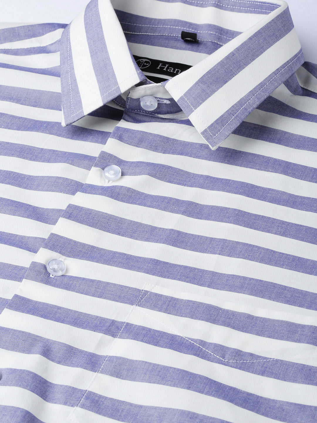 Men Blue & White Pure Cotton Striped Slim Fit Formal Shirt