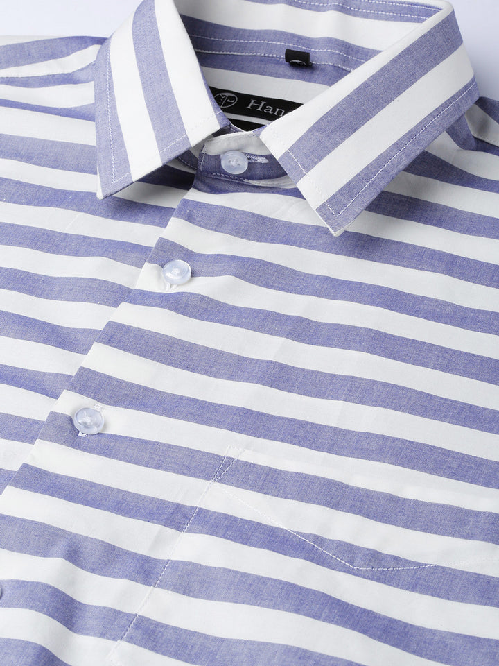 Men Blue & White Pure Cotton Striped Slim Fit Formal Shirt