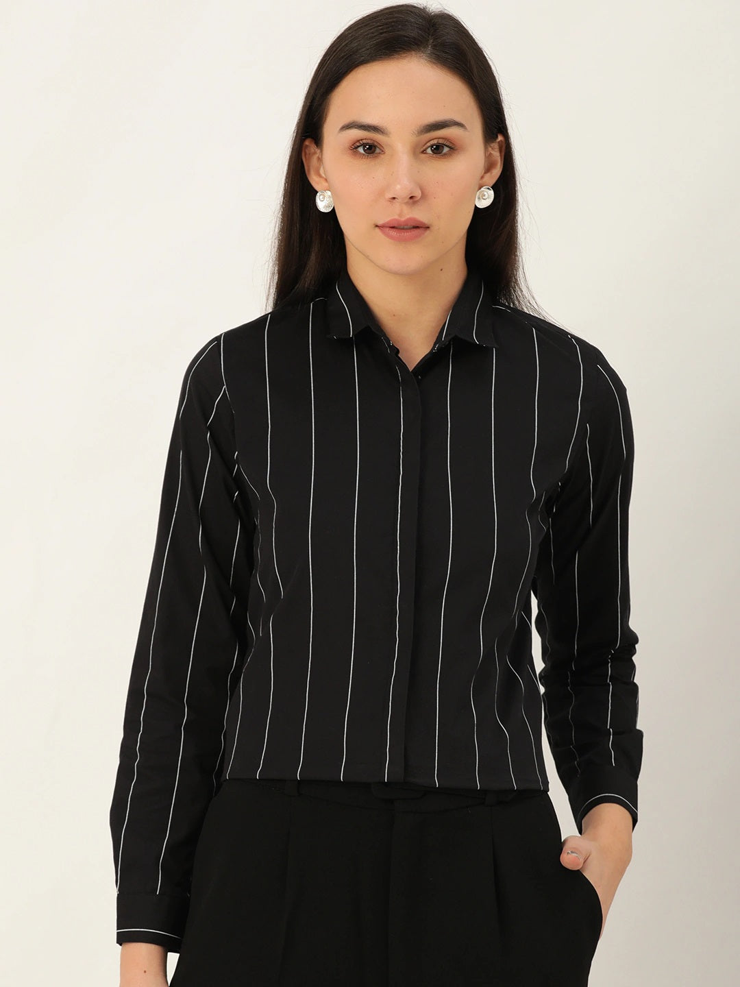 Women Black Stripes Pure Cotton Slim Fit Formal Shirt