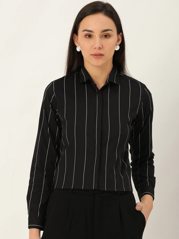 Women Black Stripes Pure Cotton Slim Fit Formal Shirt