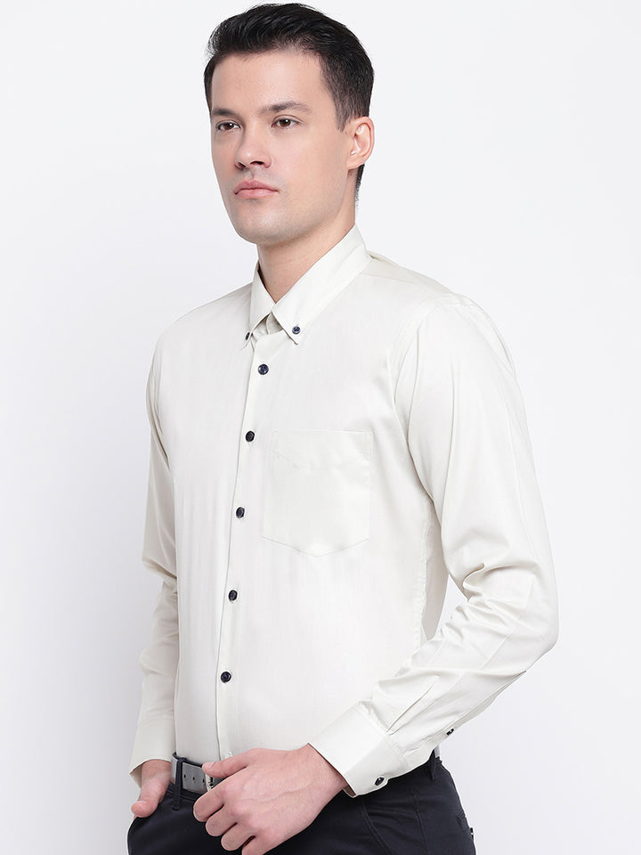 Men Cream Pure Cotton Solid Slim Fit Formal Shirt