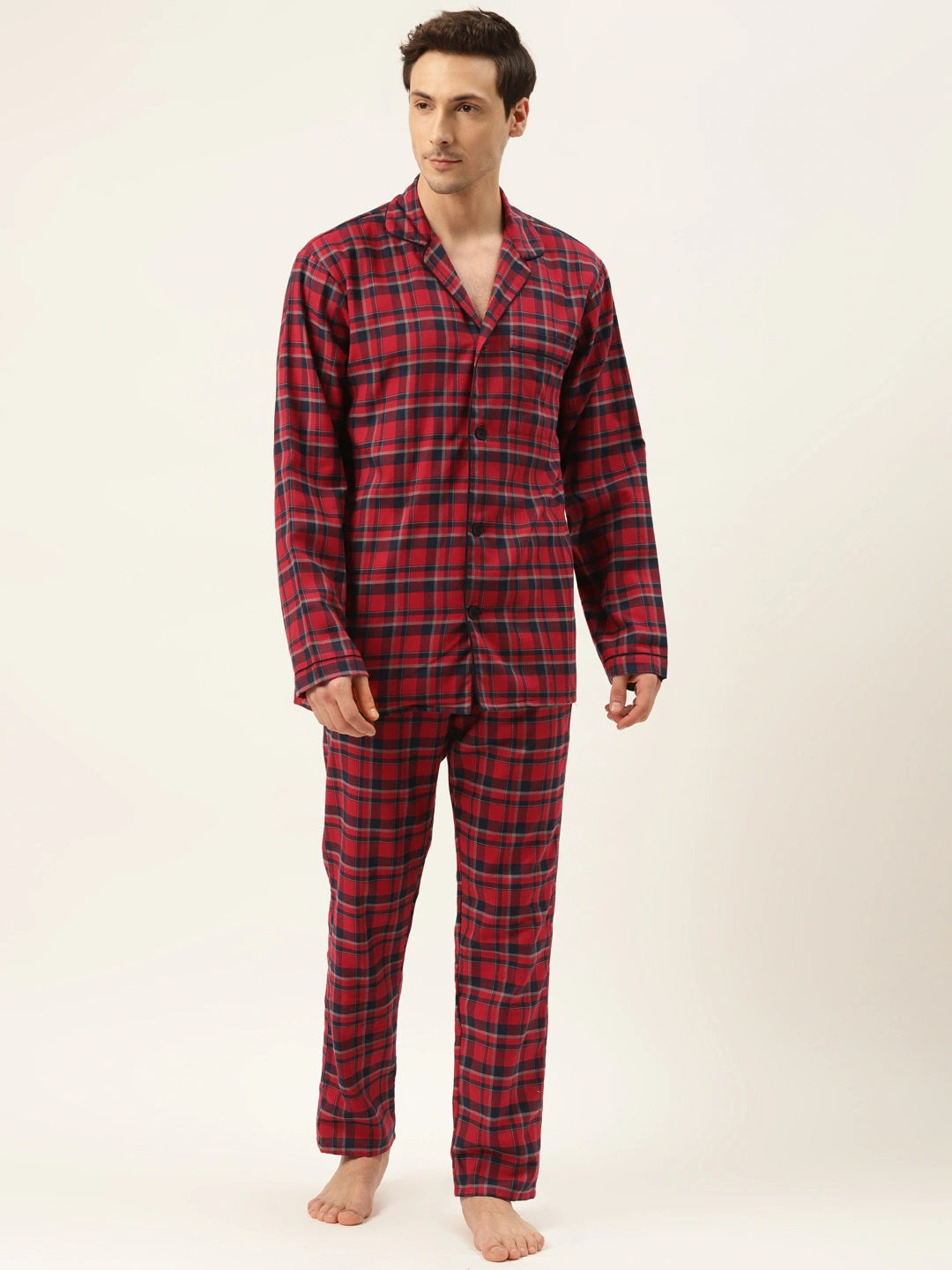 Men Red & Navy Checks Pure Cotton Regular Fit Night Wear Night Suit