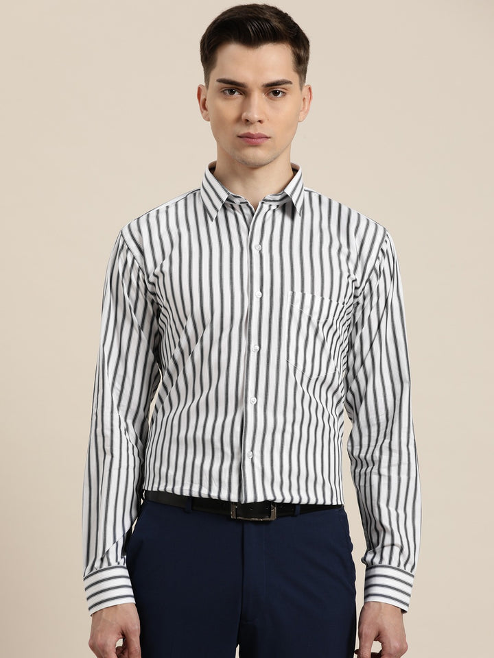 Men White & Grey Stripes Pure Cotton Slim Fit Formal Shirt