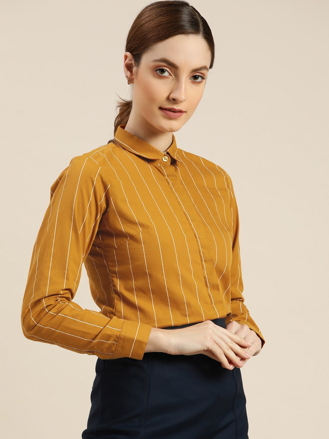 Women Mustard Striped Pure Cotton Slim Fit Formal Shirt