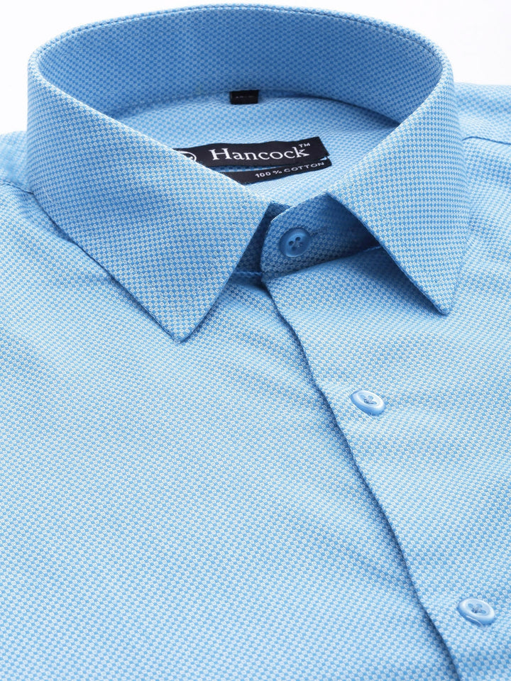 Men Blue Solid Self Design French Cuff Pure Cotton Slim Fit Formal Shirt