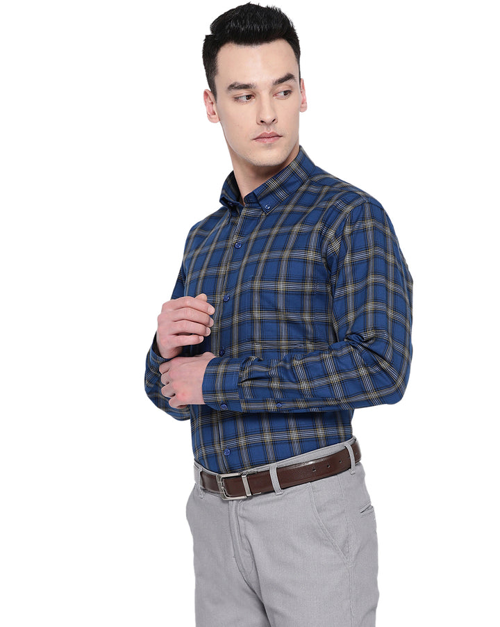 Men Blue Cotton Checked Slim Fit Formal Shirt