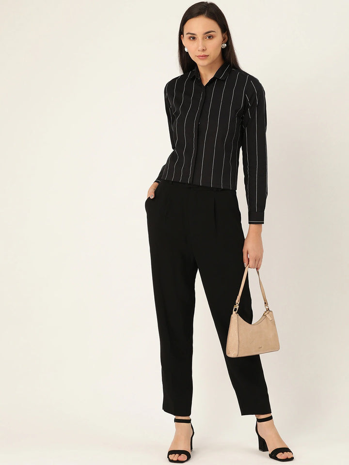 Women Black Stripes Pure Cotton Slim Fit Formal Shirt
