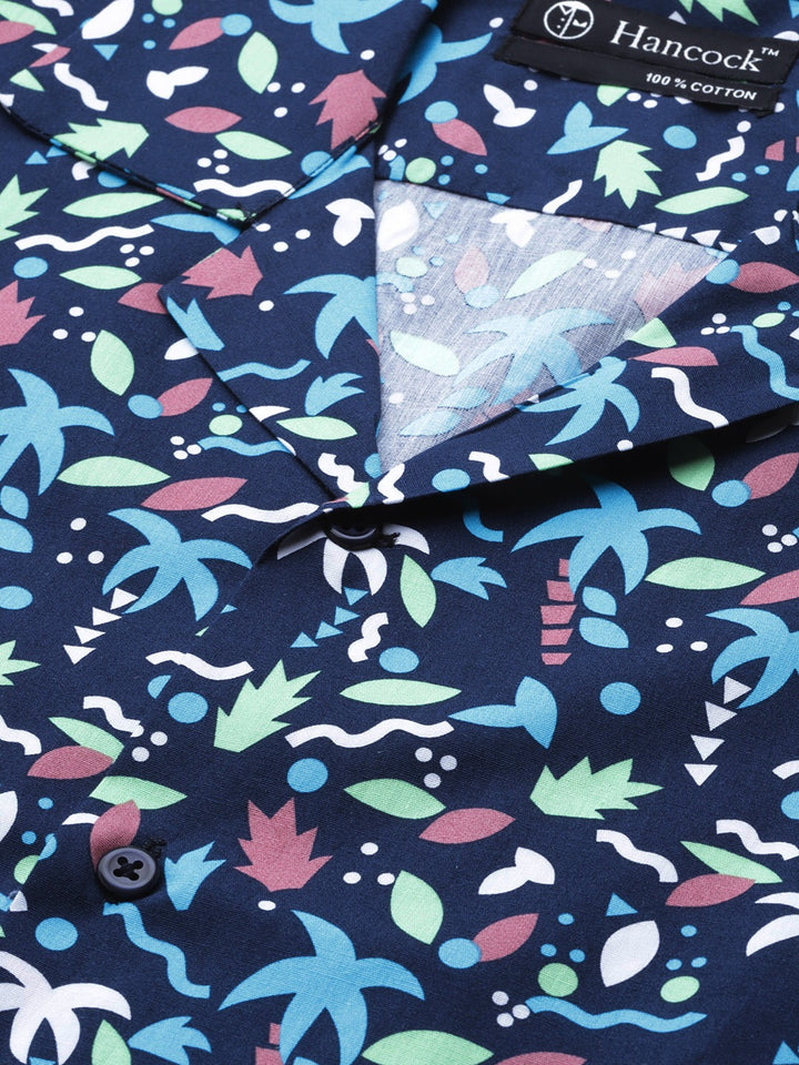 Men Navy Printed Pure Cotton Relaxed Fit Casual Resort Shirt