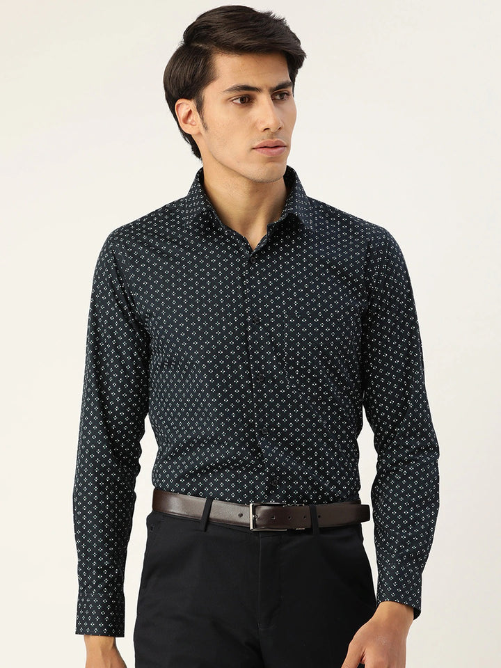 Men Navy Blue Prints Pure Cotton Slim Fit Formal Shirt
