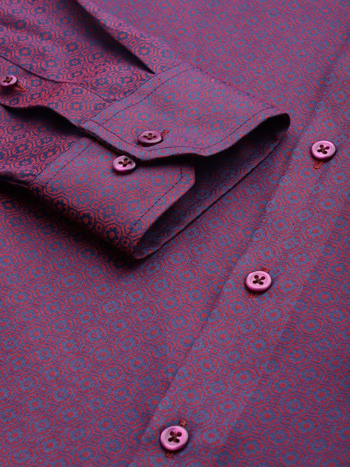 Men Maroon & Navy Solid Self Design Dobbys Pure Cotton Slim Fit Formal Shirt