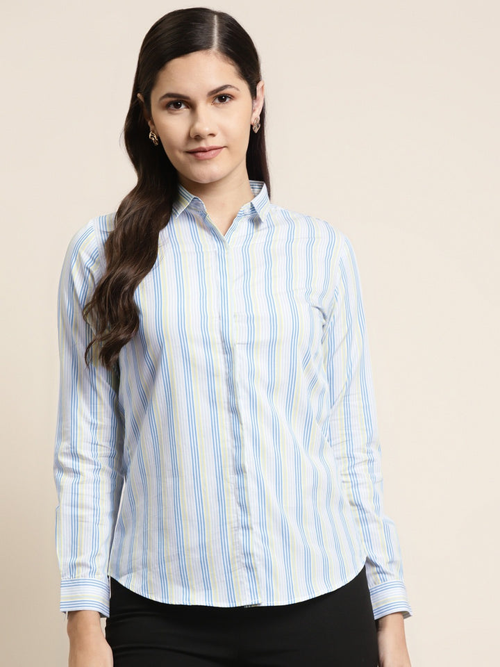Women White & Blue Stripes Pure Cotton Slim Fit Formal Shirt