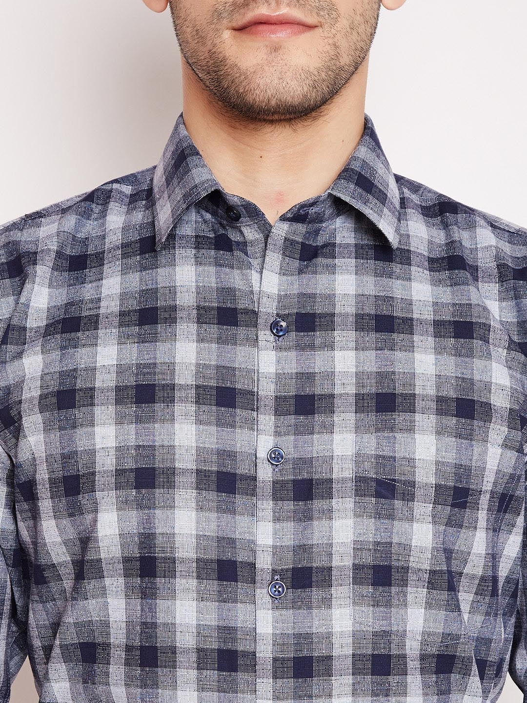 Men navy Checks Pure Cotton Slim Fit Formal Shirt