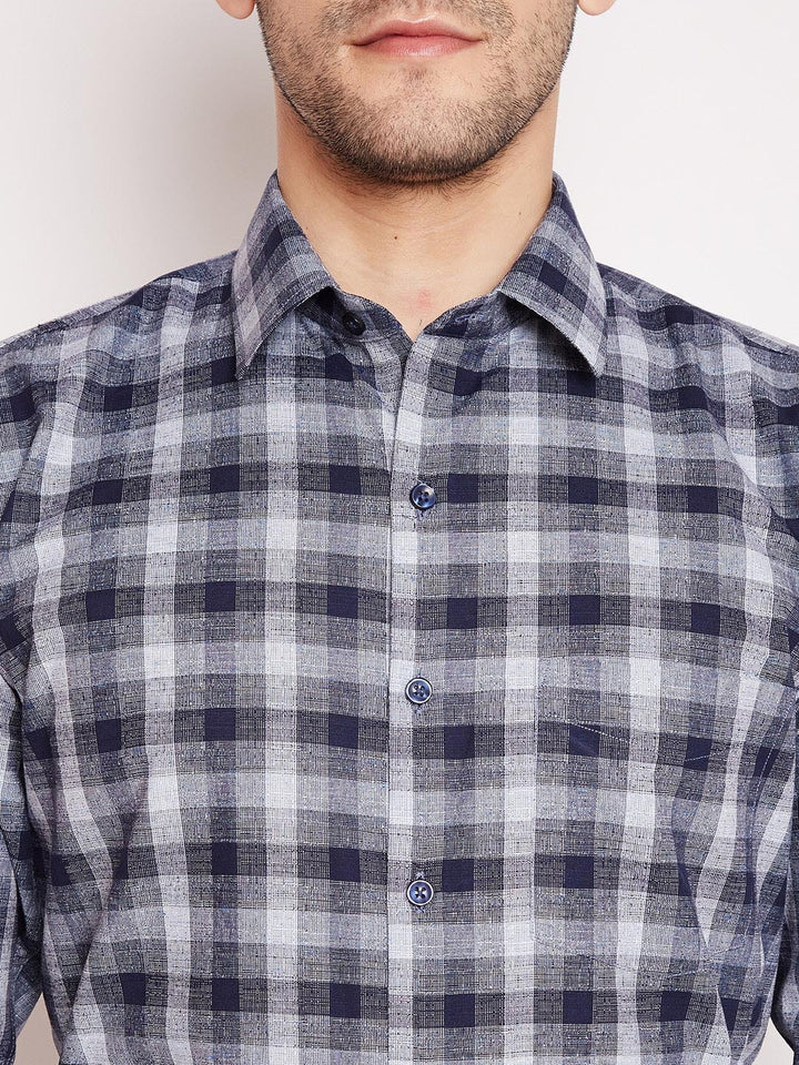 Men navy Checks Pure Cotton Slim Fit Formal Shirt