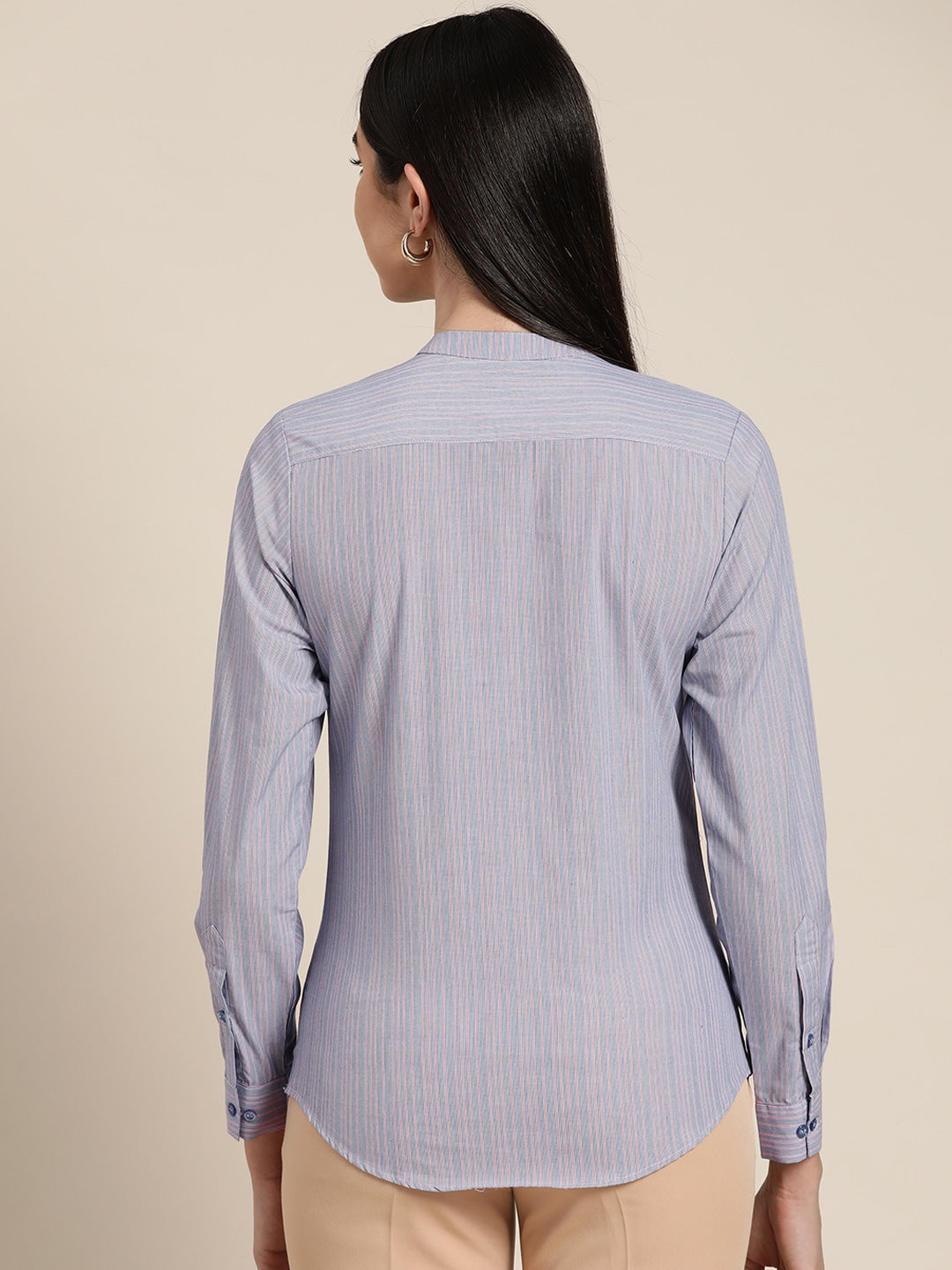 Women Sky Blue Striped Pure Cotton Slim Fit Formal Top