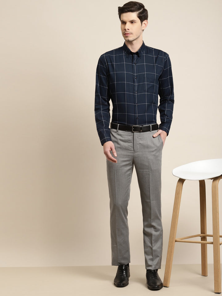 Men Navy Blue Checks Pure Cotton Slim Fit Formal Shirt