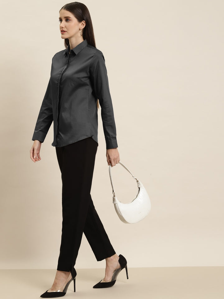 Women Dark Grey Solid Pure Cotton Satin Slim Fit Formal Shirt