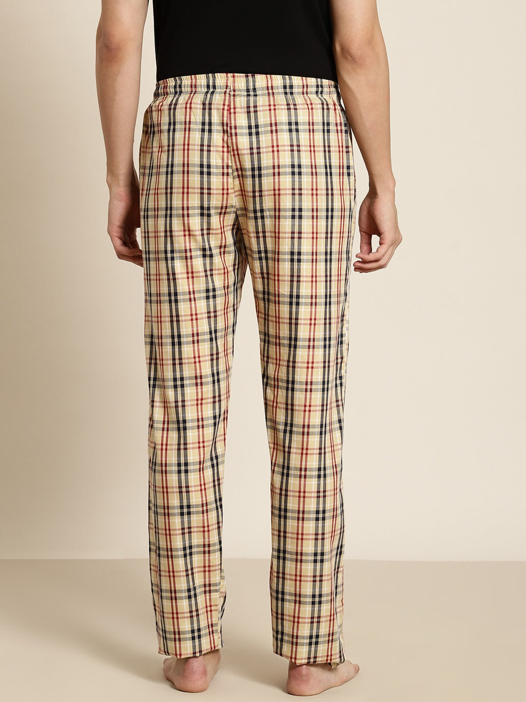 Men Beige Checks Pure Cotton Relaxed Fit Casual Lounge Pant