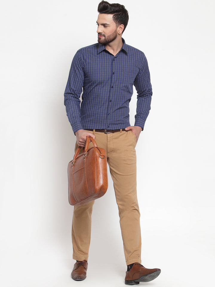 Men Navy Pure Cotton Checked Slim Fit Formal Shirt