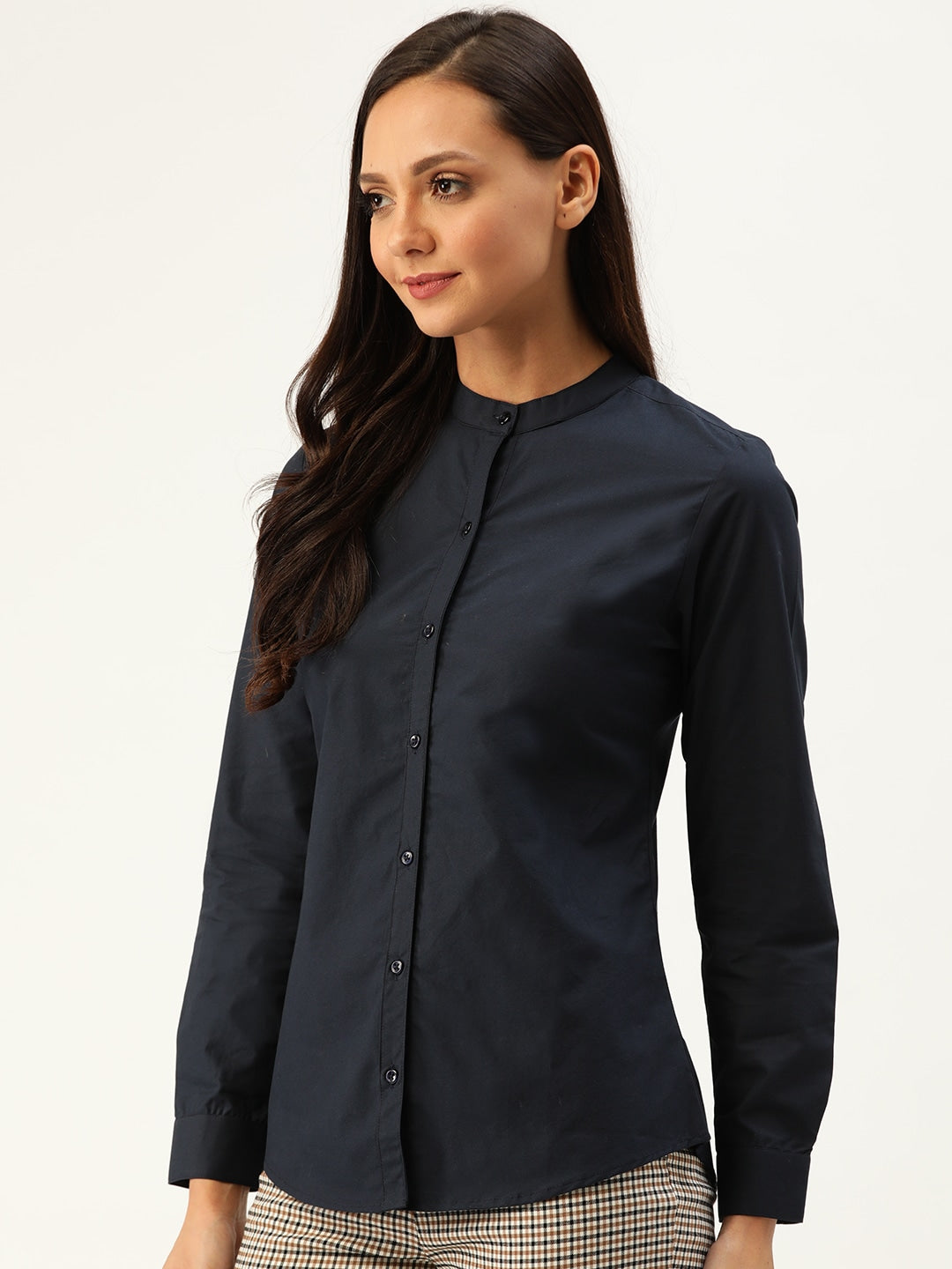 Women Navy Solids Pure Cotton Slim Fit Formal Shirt